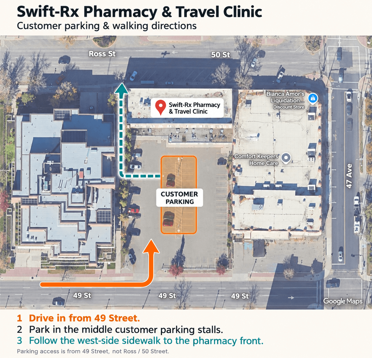 Swift-Rx Pharmacy & Travel Clinic customer parking and walking directions map
