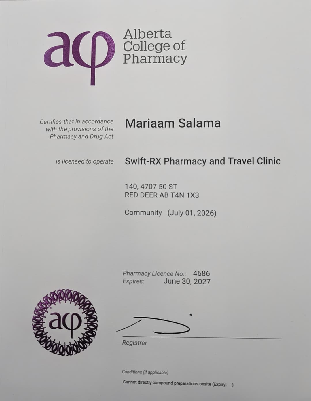 Alberta College of Pharmacy Licence Certificate for Swift-Rx Pharmacy
